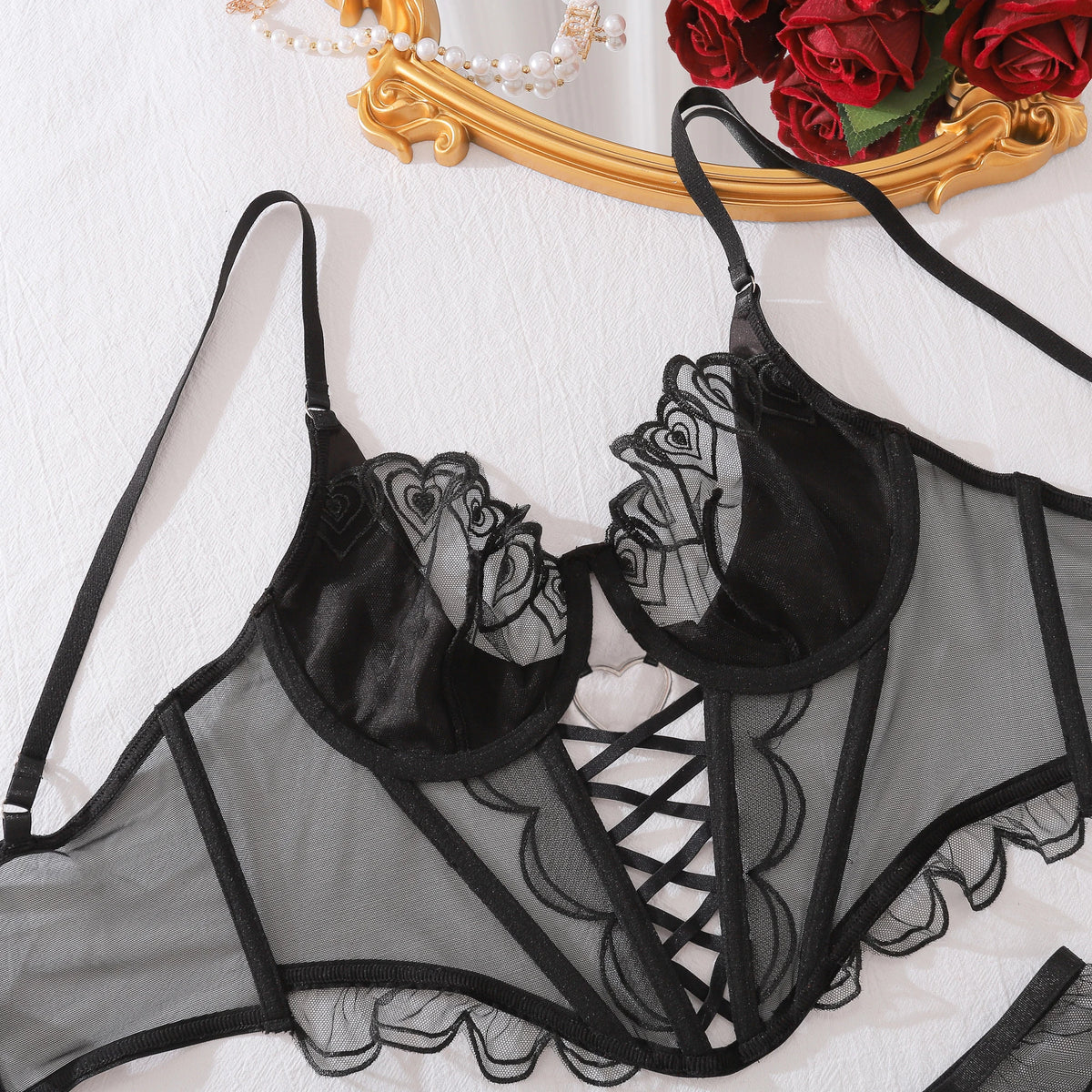 Floral Embroidered Mesh Lingerie Set – Sexy See-Through Bra and Panty for Women