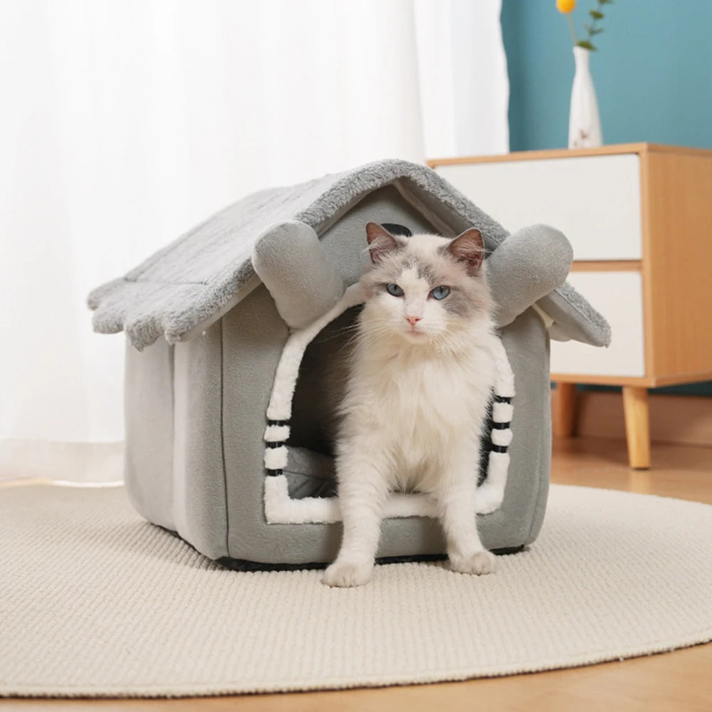 Detachable Gray Cat House – Semi-Enclosed Washable Shelter for Winter
