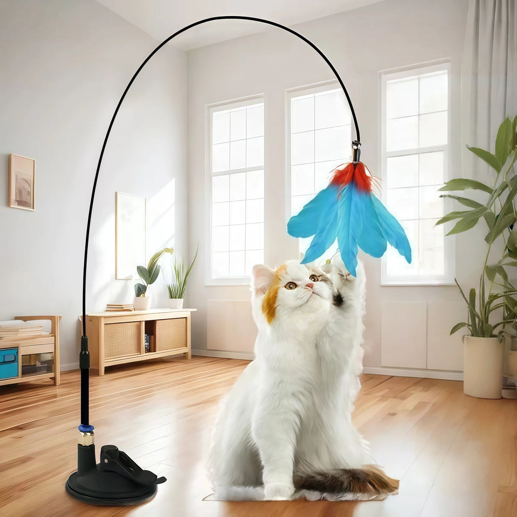 Feather Cat Teaser Wand – Suction Cup Interactive Toy for Indoor Exercise