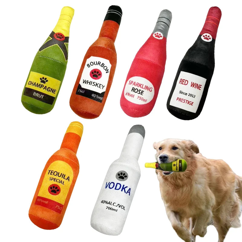 Plush Beer Bottle Dog Toy – Squeaky Chew Toy for Interactive Play