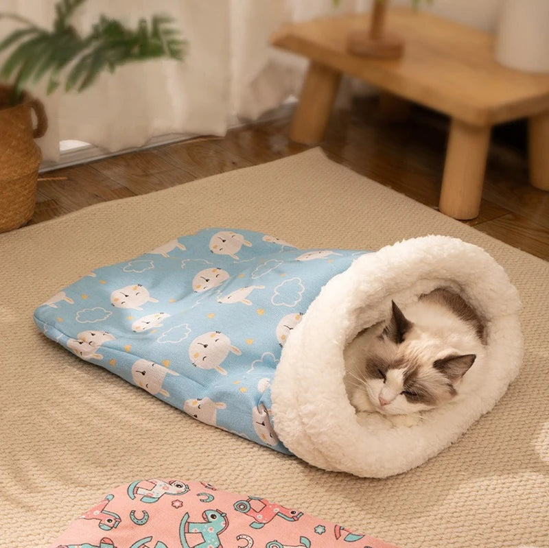 Plush Cat Sleeping Bag – Thickened Fluffy Nest for Winter Pet Comfort