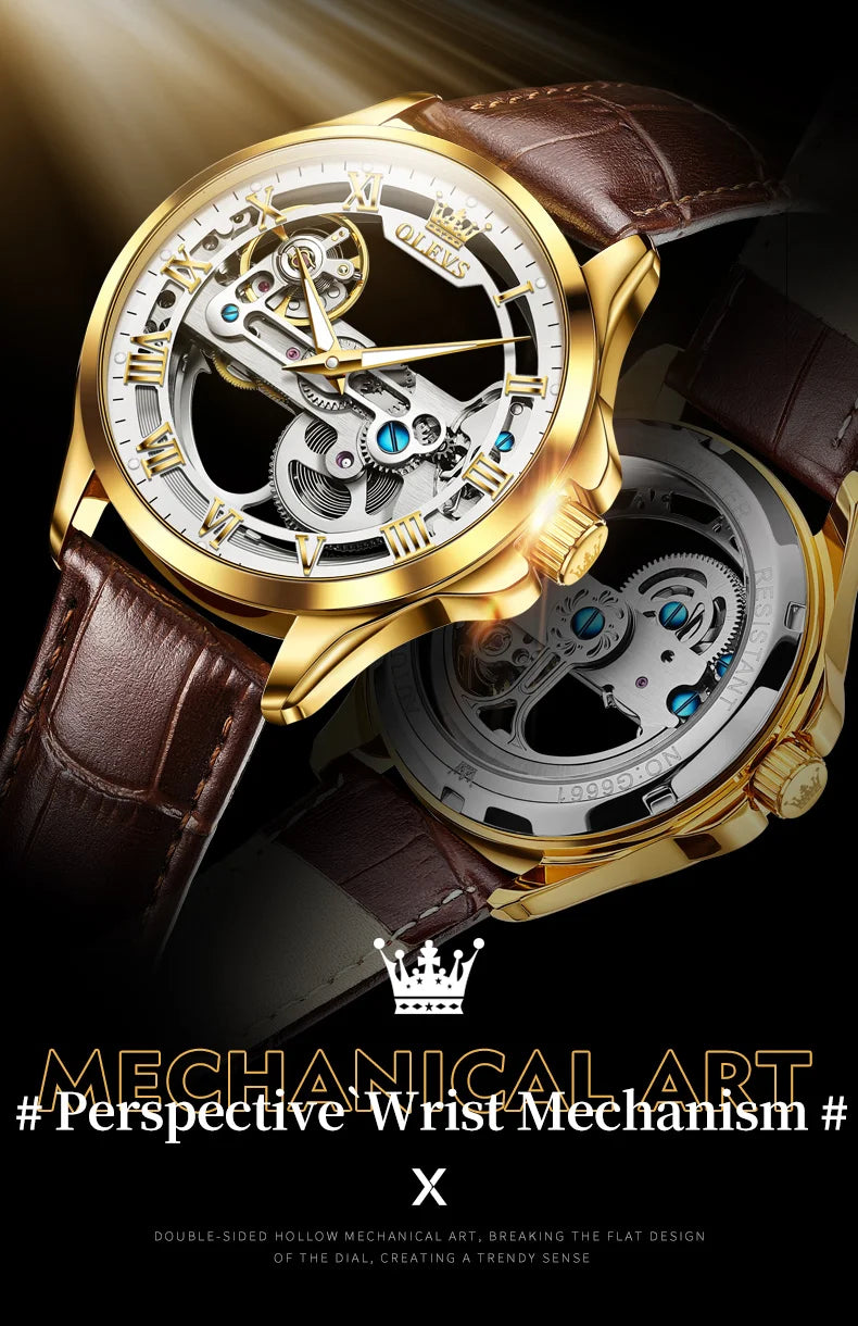 Automatic Skeleton Mechanical Watch – Leather Strap for Luxury Mens Formal Wear