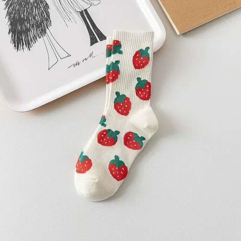 Cotton Strawberry Heart Crew Socks – Cute Women's Casual Fashion Hosiery