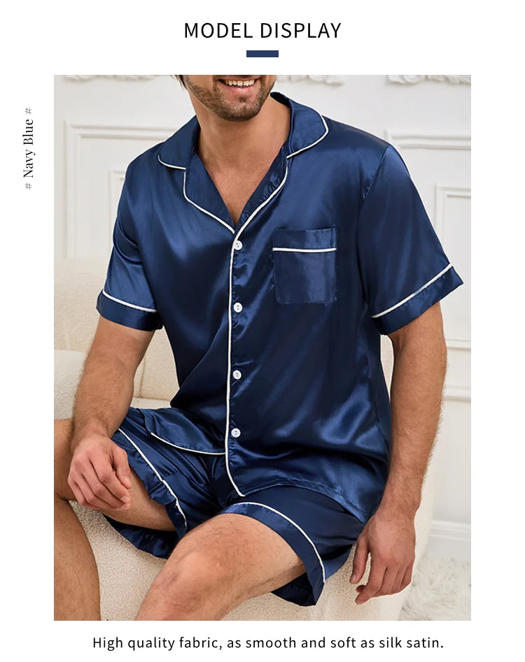 Satin Pajama Set – Short Sleeve Button-Down Sleepwear for Men
