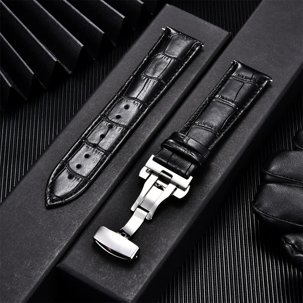Genuine Calfskin Leather Watch Strap – Butterfly Buckle for Business