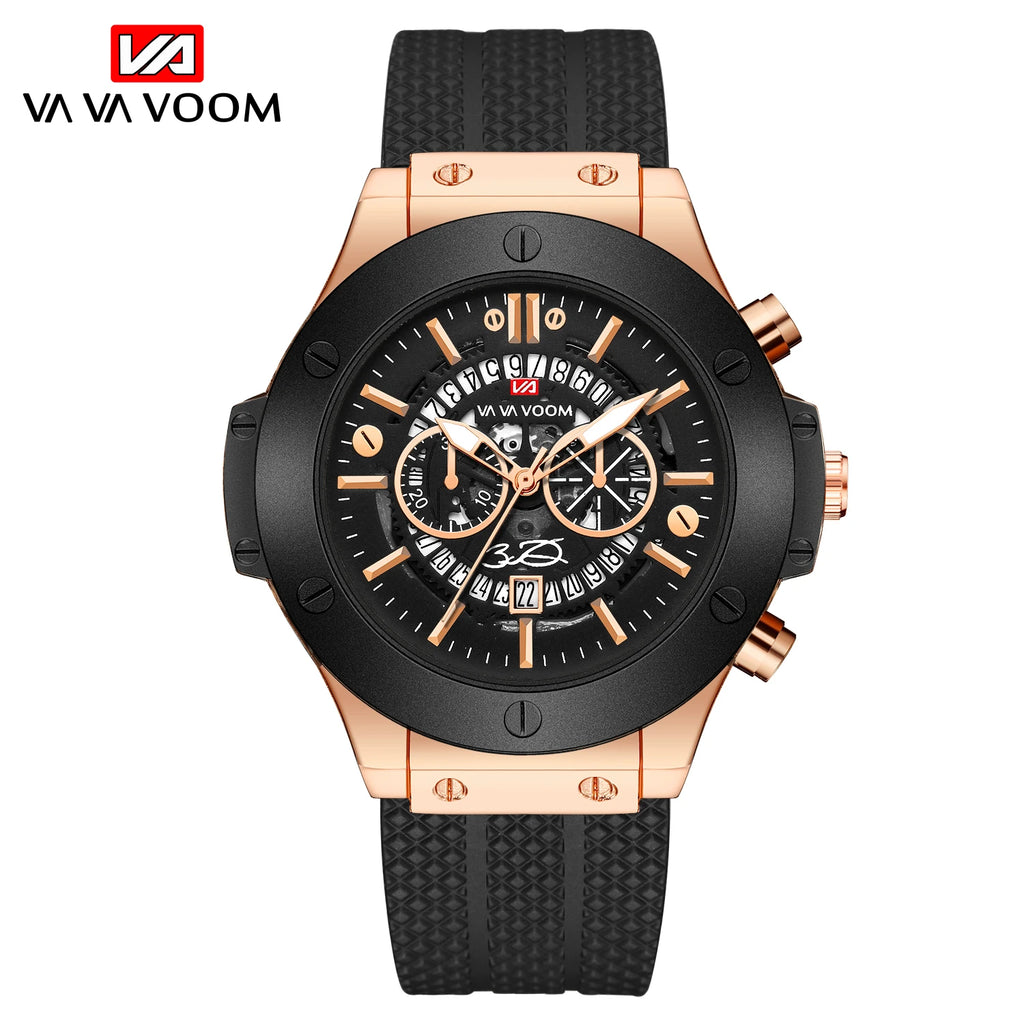 Mens Rose Gold Silicone Sports Watch – 46mm Hollow Dial for Daily Fashion