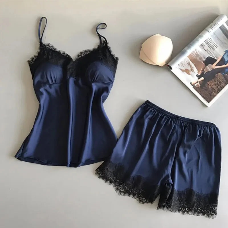Lace V-Neck Pajama Set – Sexy Satin Sleepwear for Women
