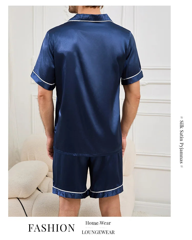 Satin Pajama Set – Short Sleeve Button-Down Sleepwear for Men