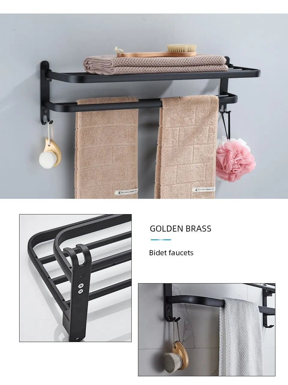 Matte Black Aluminum Towel Rack – 50cm Wall Mounted Holder with Hook