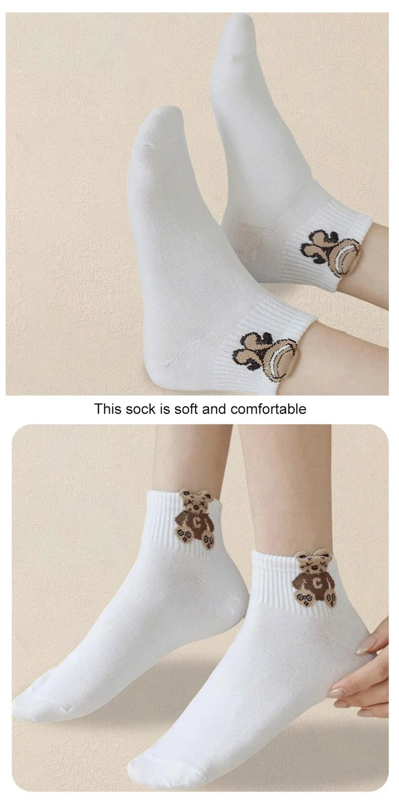 Cartoon Teddy Bear Ankle Socks – Breathable Cotton Casual Footwear for Women