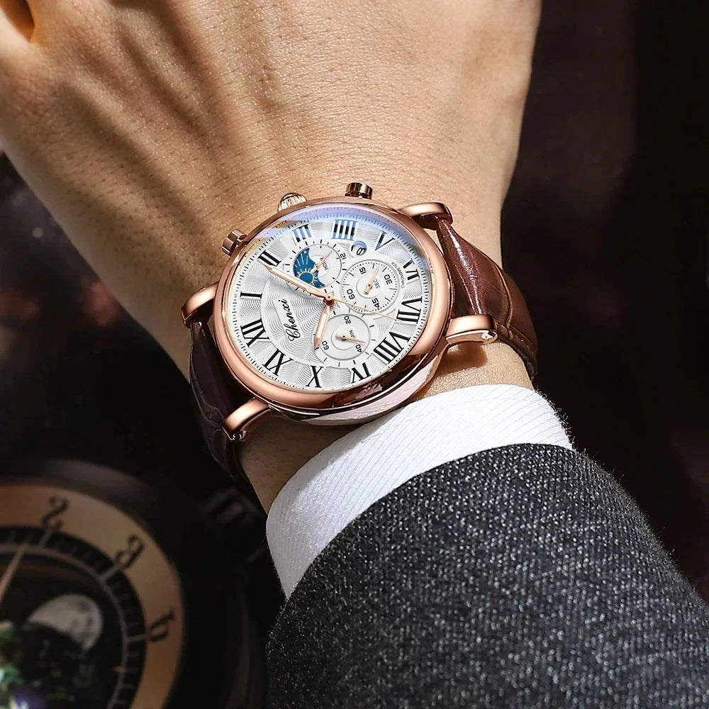 Leather Quartz Chronograph Watch – Men's Moon Phase Business Wristwatch