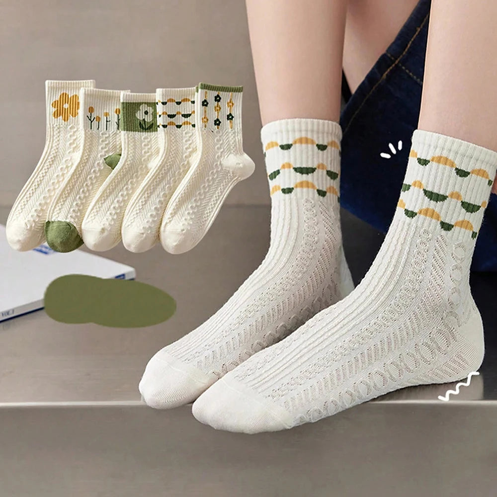 Cartoon Print Midlength Socks – Soft Cotton Casual Wear for Women