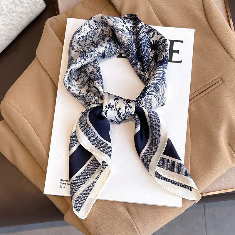 Floral Print Silk Square Scarf – Elegant Women Headwear and Accessory