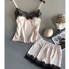 Lace V-Neck Pajama Set – Sexy Satin Sleepwear for Women