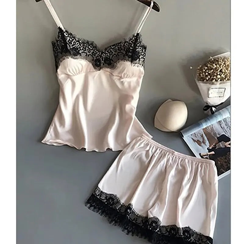 Lace V-Neck Pajama Set – Sexy Satin Sleepwear for Women