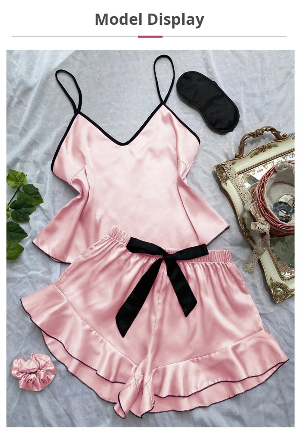 Satin V-Neck Pajama Set – Ruffled Bow Shorts for Loungewear and Sleep