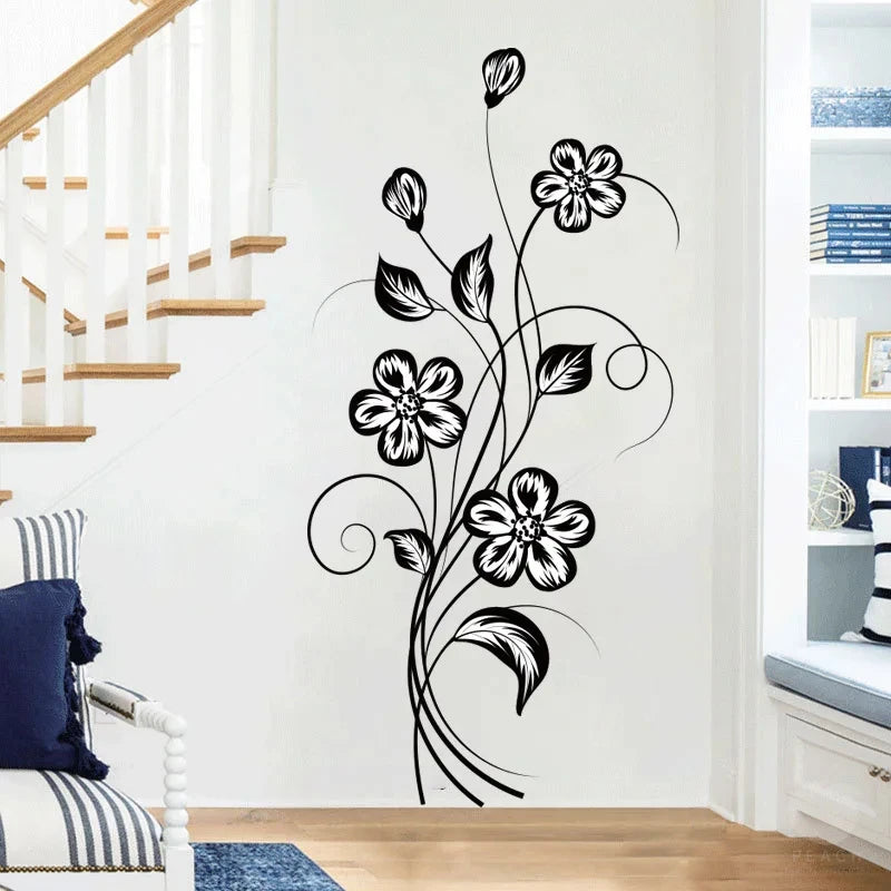 Black Flower Wall Decal – Waterproof Self-Adhesive Art for Home Decor