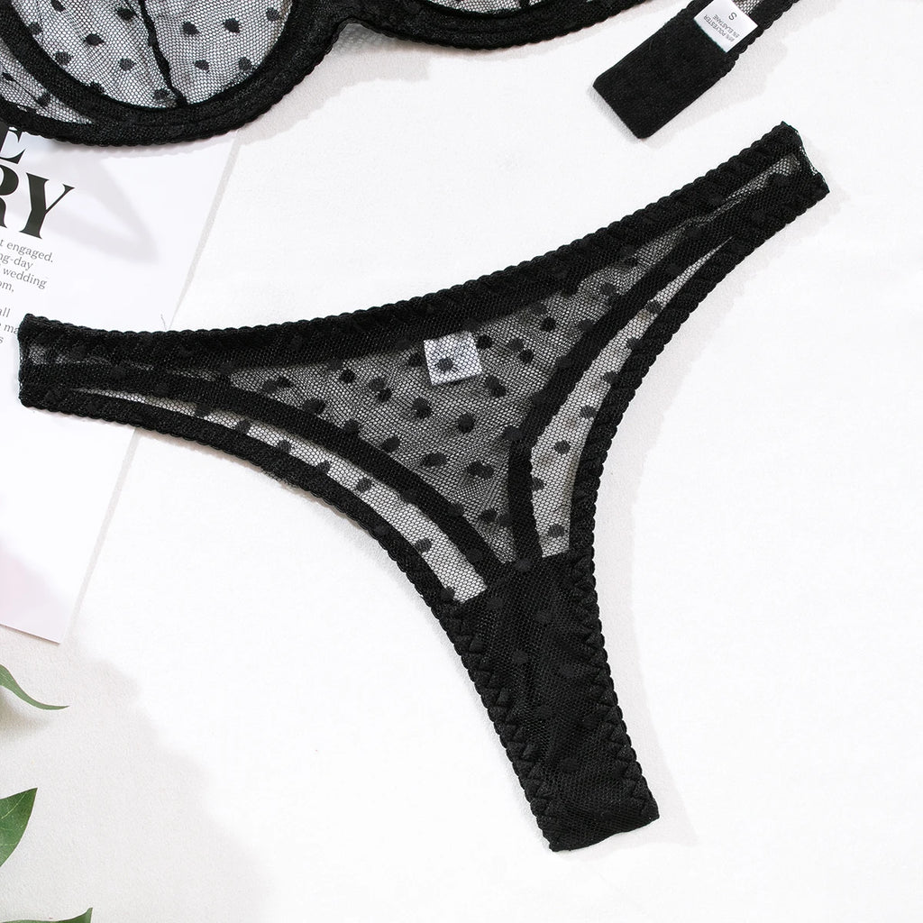 Polka Dot Mesh Lingerie Set – Sheer Underwire Bra and G-String for Women