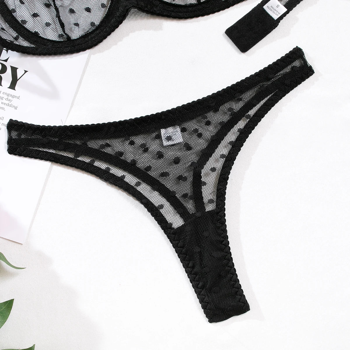 Polka Dot Mesh Lingerie Set – Sheer Underwire Bra and G-String for Women
