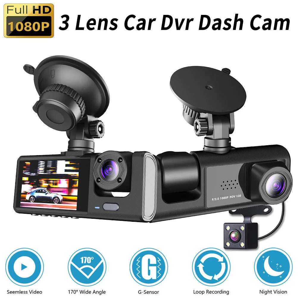 Triple Lens Car Dash Cam – 1080P 3-Channel Video Recorder for Vehicle Security
