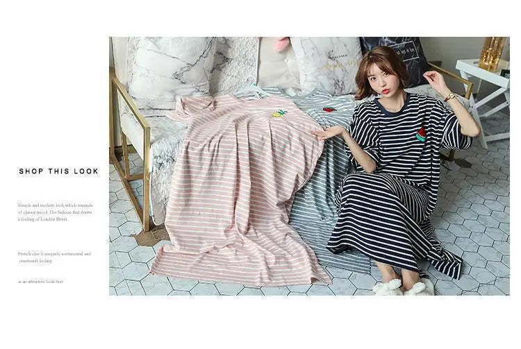Plus Size Striped Pajama Dress – Short-Sleeved Cartoon Sleepwear for Women