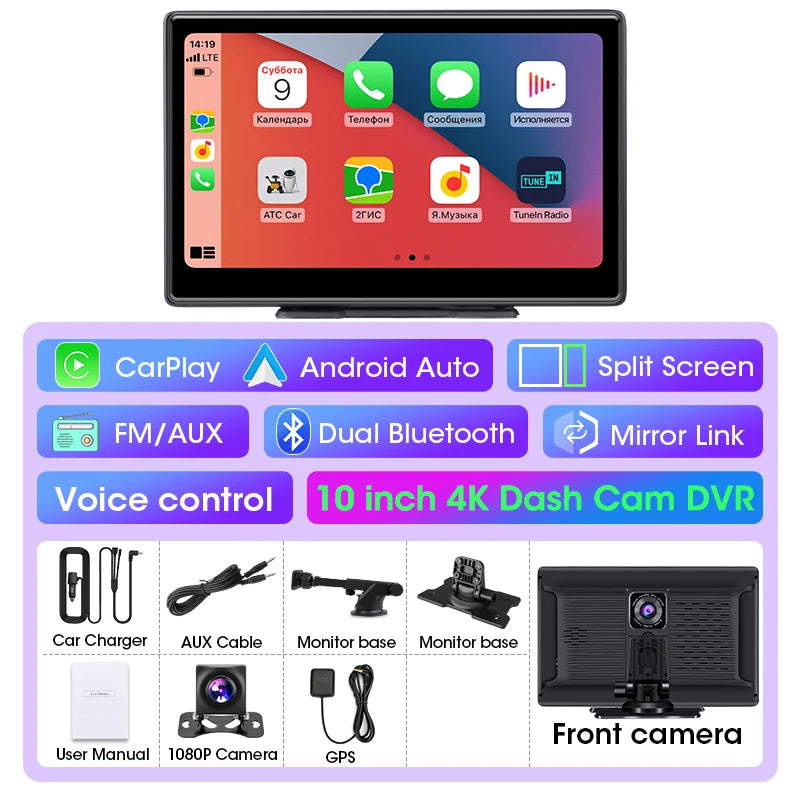 10 Inch 4K Dash Cam – Wireless Carplay GPS Navigator for Vehicle Dashboard