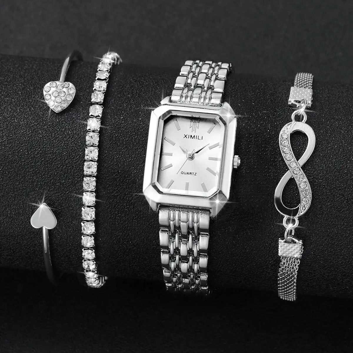 Rhinestone Rectangle Women Watches – Stainless Steel Luxury Quartz Jewelry Set
