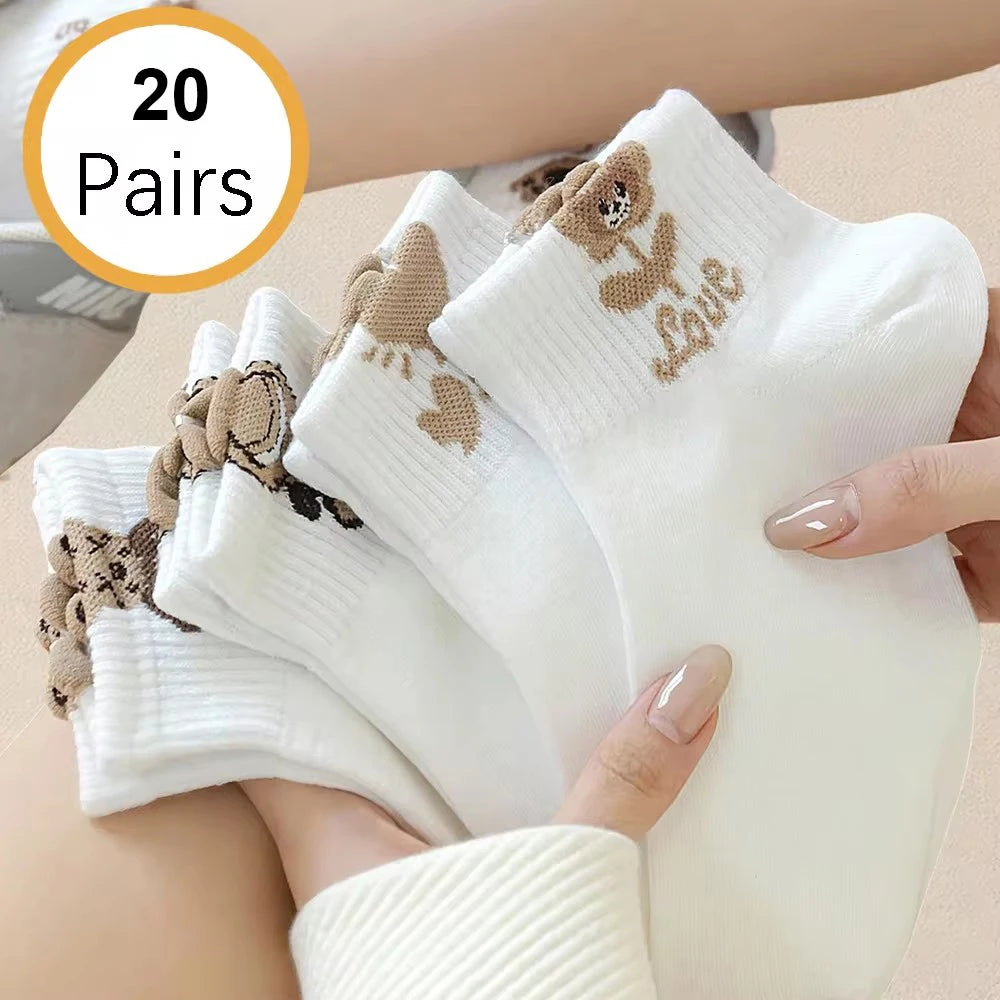 Cartoon Teddy Bear Ankle Socks – Breathable Cotton Casual Footwear for Women