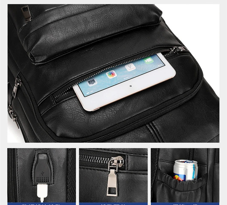 PU Leather USB Charging Laptop Backpack – Large Travel Bag for Men and Students