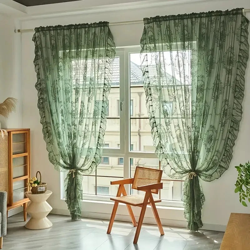 Floral Ruffled Tulle Curtain – Sheer Jacquard Lace Drapes for Living Room
