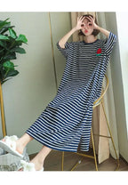 Plus Size Striped Pajama Dress – Short-Sleeved Cartoon Sleepwear for Women