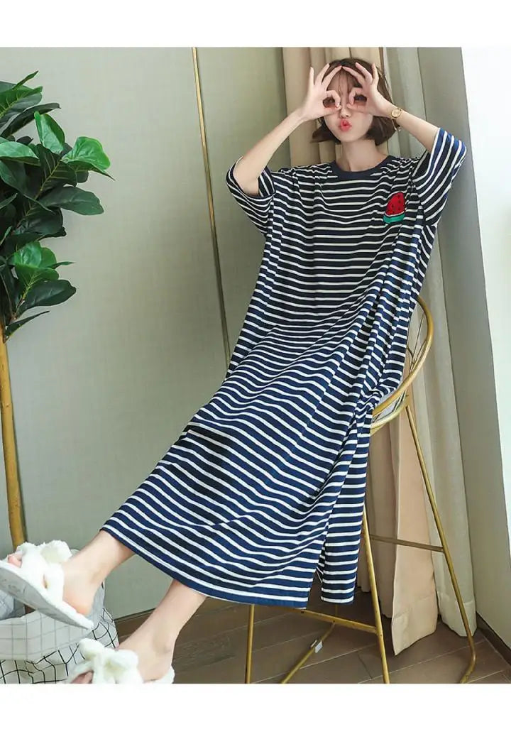 Plus Size Striped Pajama Dress – Short-Sleeved Cartoon Sleepwear for Women