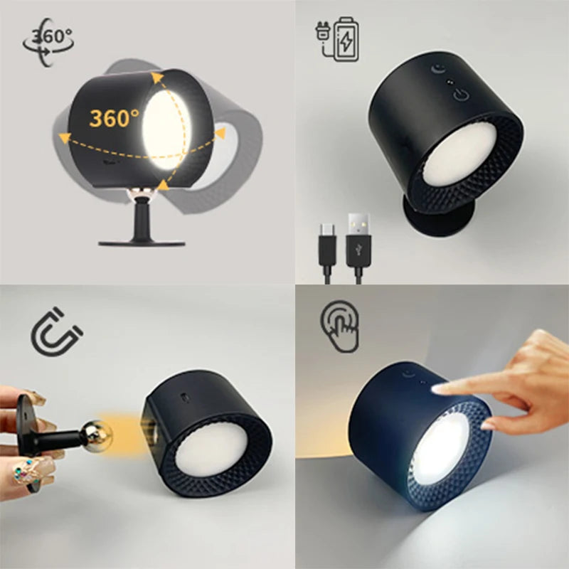 Wireless Double Head LED Wall Lamp – 360 Rotating Night Light for Bedroom Reading
