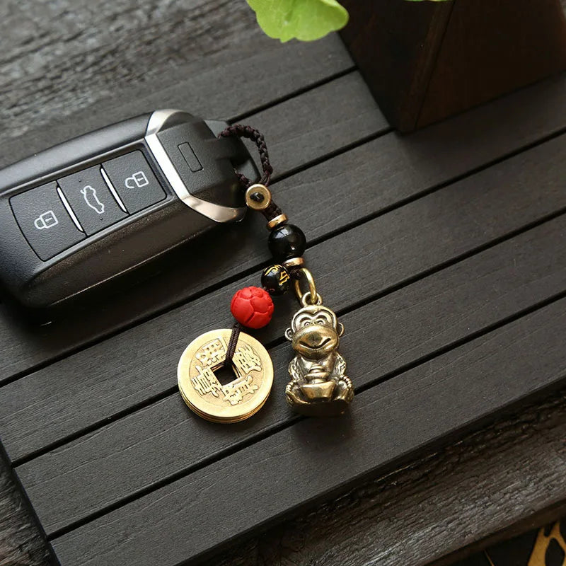Brass Monkey Key Ring – Feng Shui Lucky Coin Charm for Car Keychain Decor
