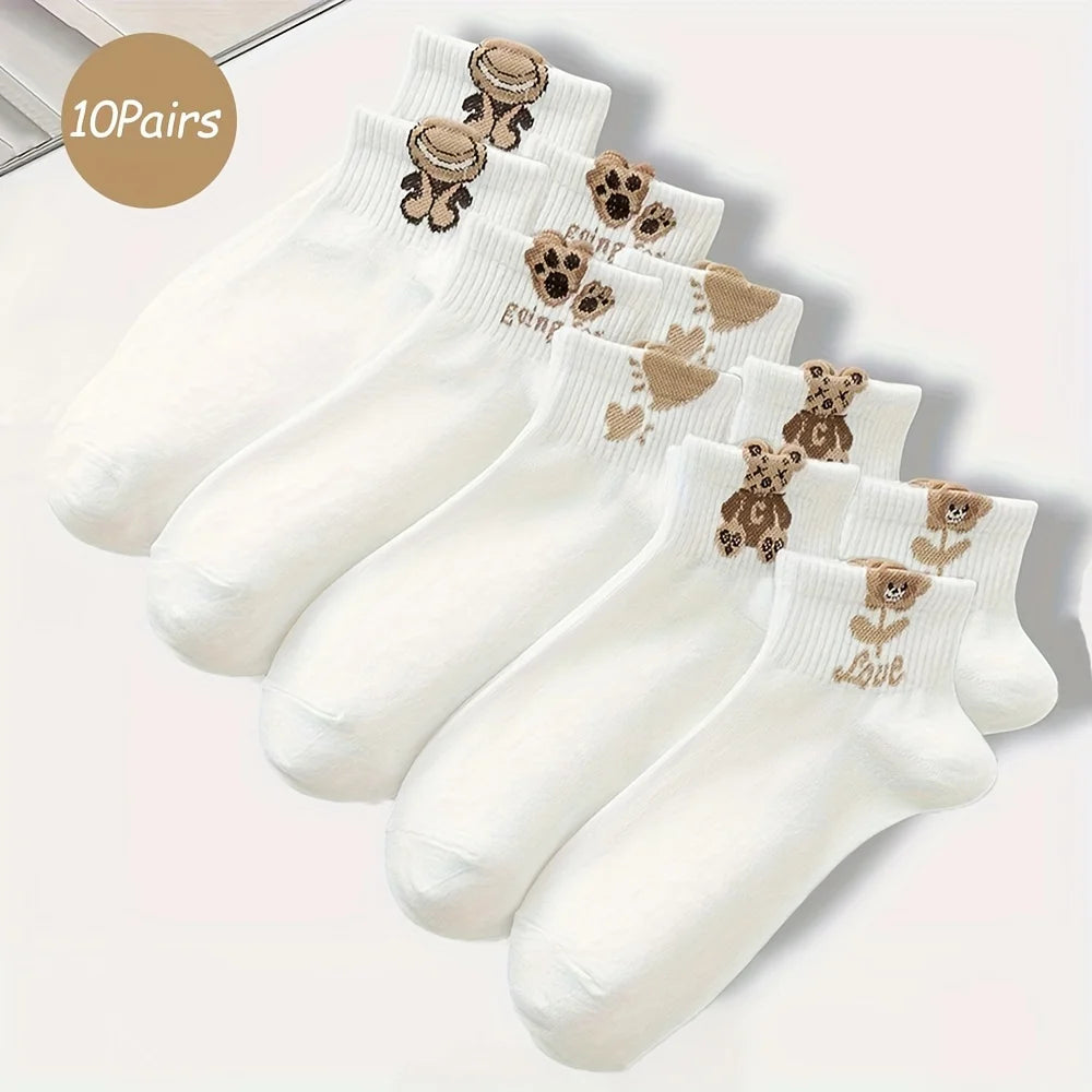Cartoon Teddy Bear Ankle Socks – Breathable Cotton Casual Footwear for Women