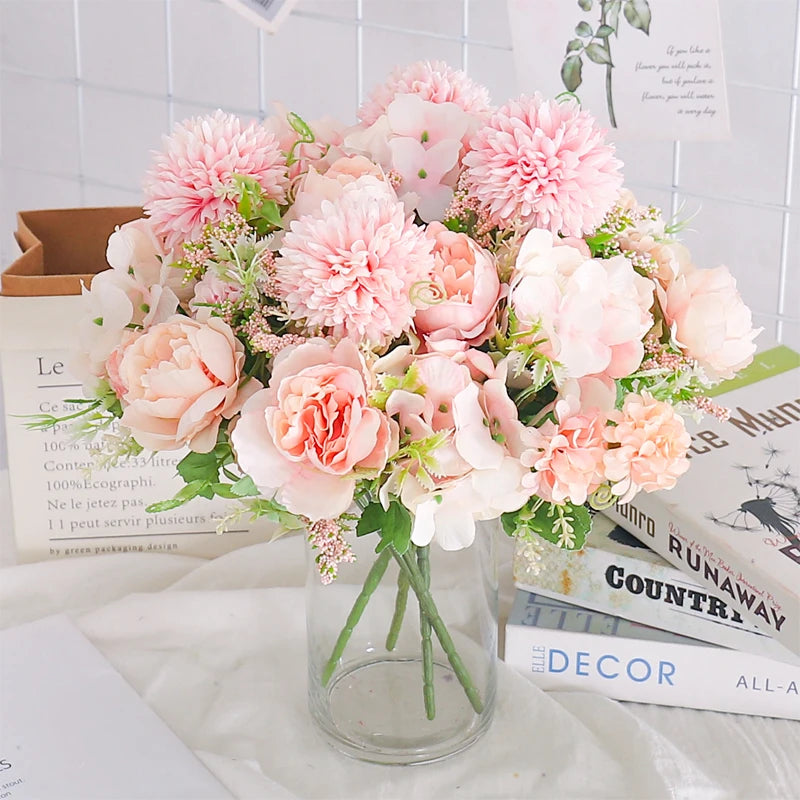 Silk Peony and Hydrangea Bouquet – Artificial Floral Decor for Wedding Home