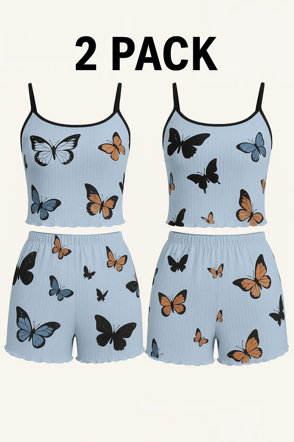 Butterfly Print Pajama Set – Lettuce Trim Cami for Sleepwear Loungewear
