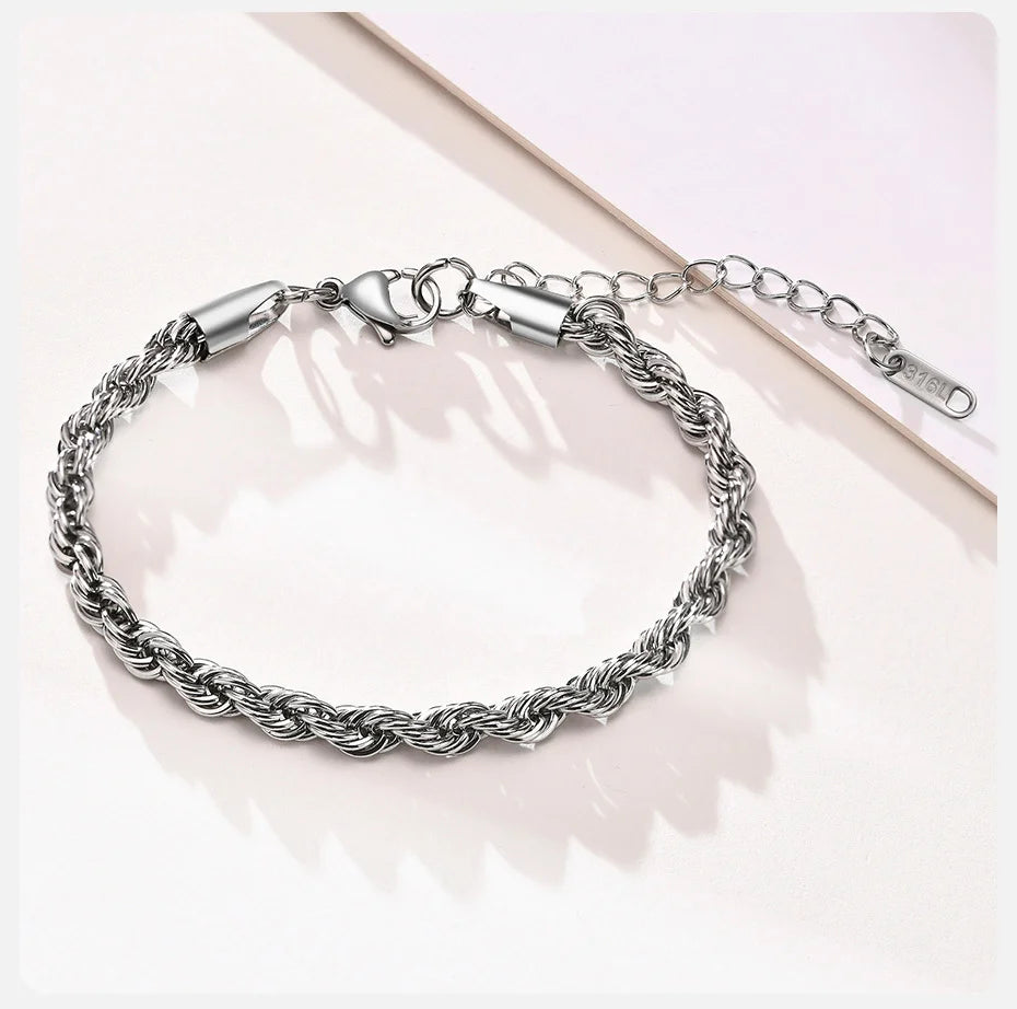 Stainless Steel Rope Chain Bracelet – Unisex Twisted Link Jewelry for Gift
