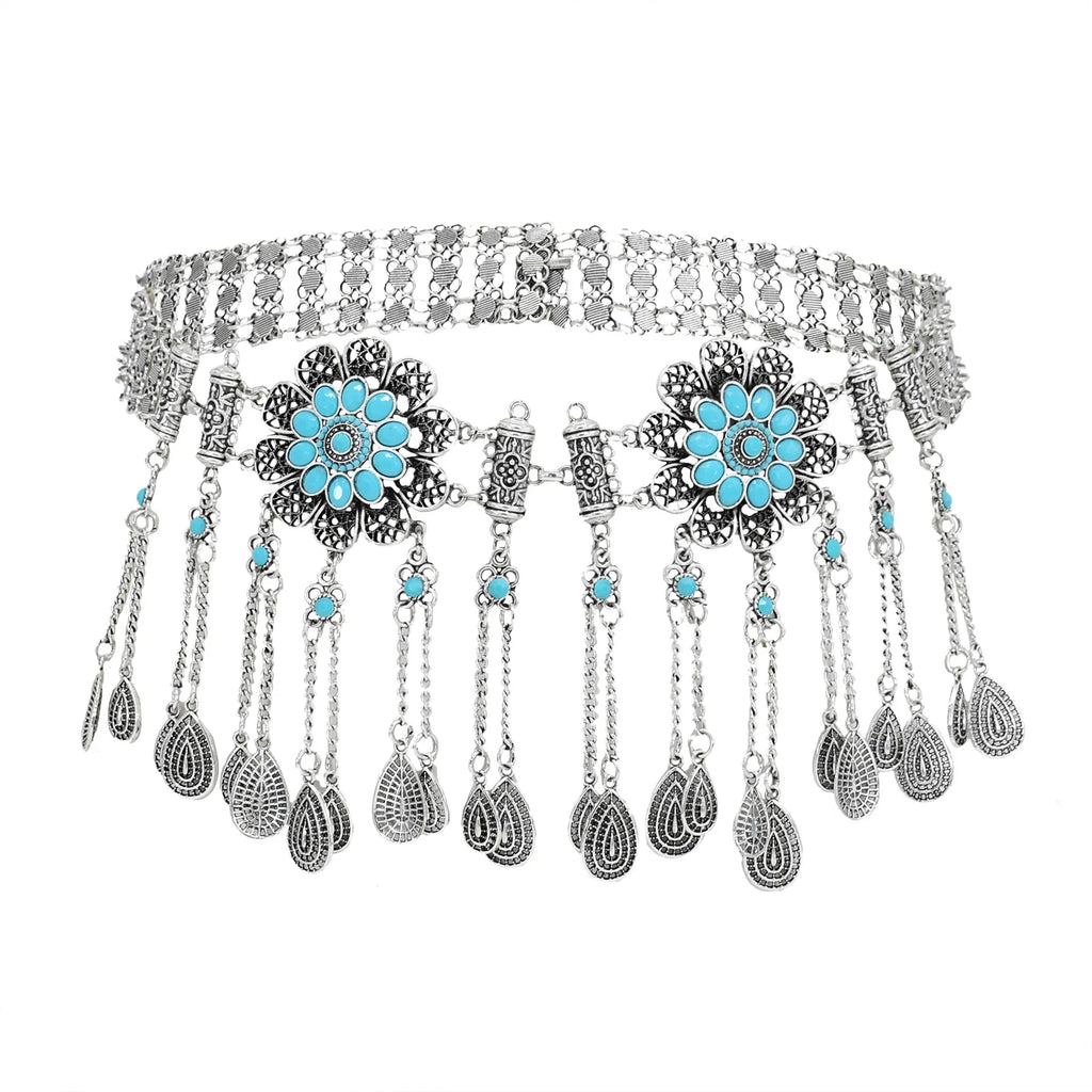 Boho silver waist chain belt with turquoise floral medallions and dangling charms