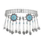 Boho silver waist chain belt with turquoise floral medallions and dangling charms