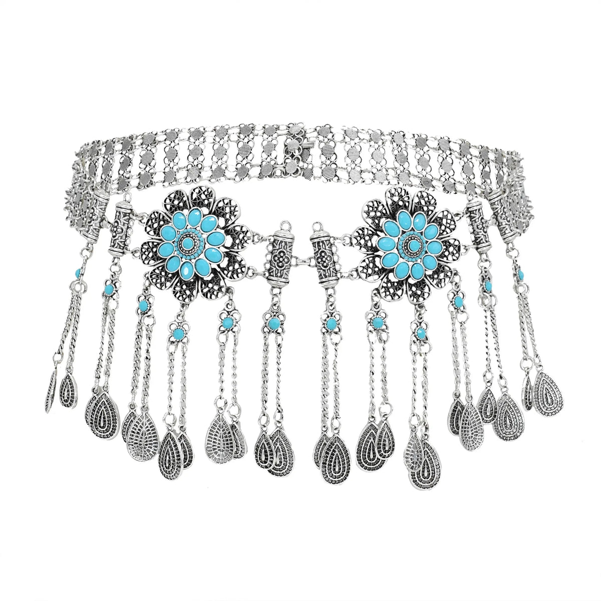 Boho silver waist chain belt with turquoise floral medallions and dangling charms