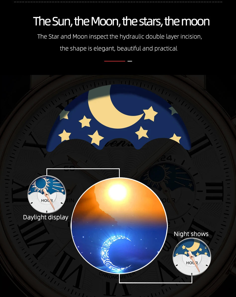 Leather Quartz Chronograph Watch – Men's Moon Phase Business Wristwatch