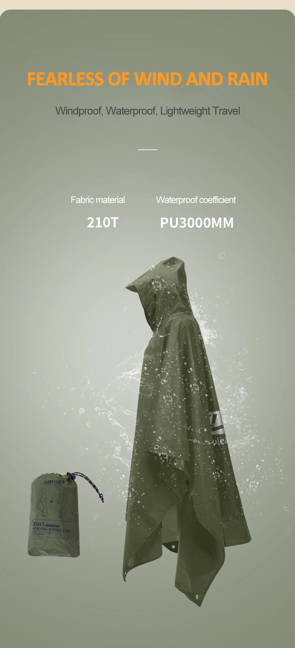 3-in-1 Waterproof Rain Poncho – Hooded Rainwear for Camping and Hiking