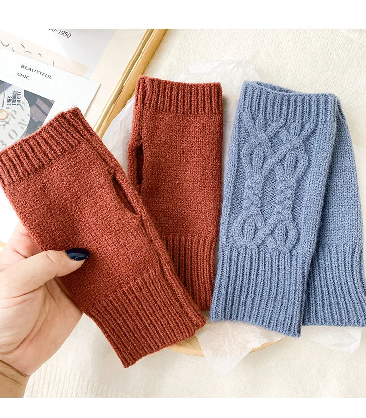Soft Wool Half Finger Gloves – Warm Knit Arm Mittens for Winter Outdoor