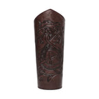Brown leather bracer with embossed Celtic dragon design, medieval costume accessory