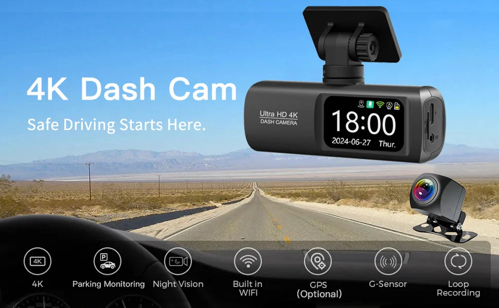4K Dual Dash Cam – GPS WiFi Driving Recorder for Car Security