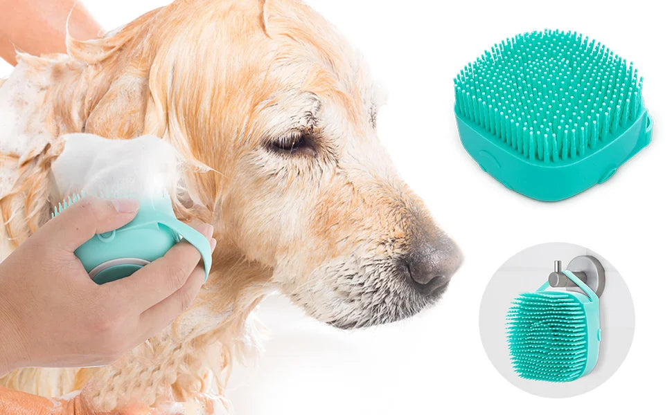 Silicone Pet Grooming Brush – Shampoo Dispenser for Dogs and Cats Bathing