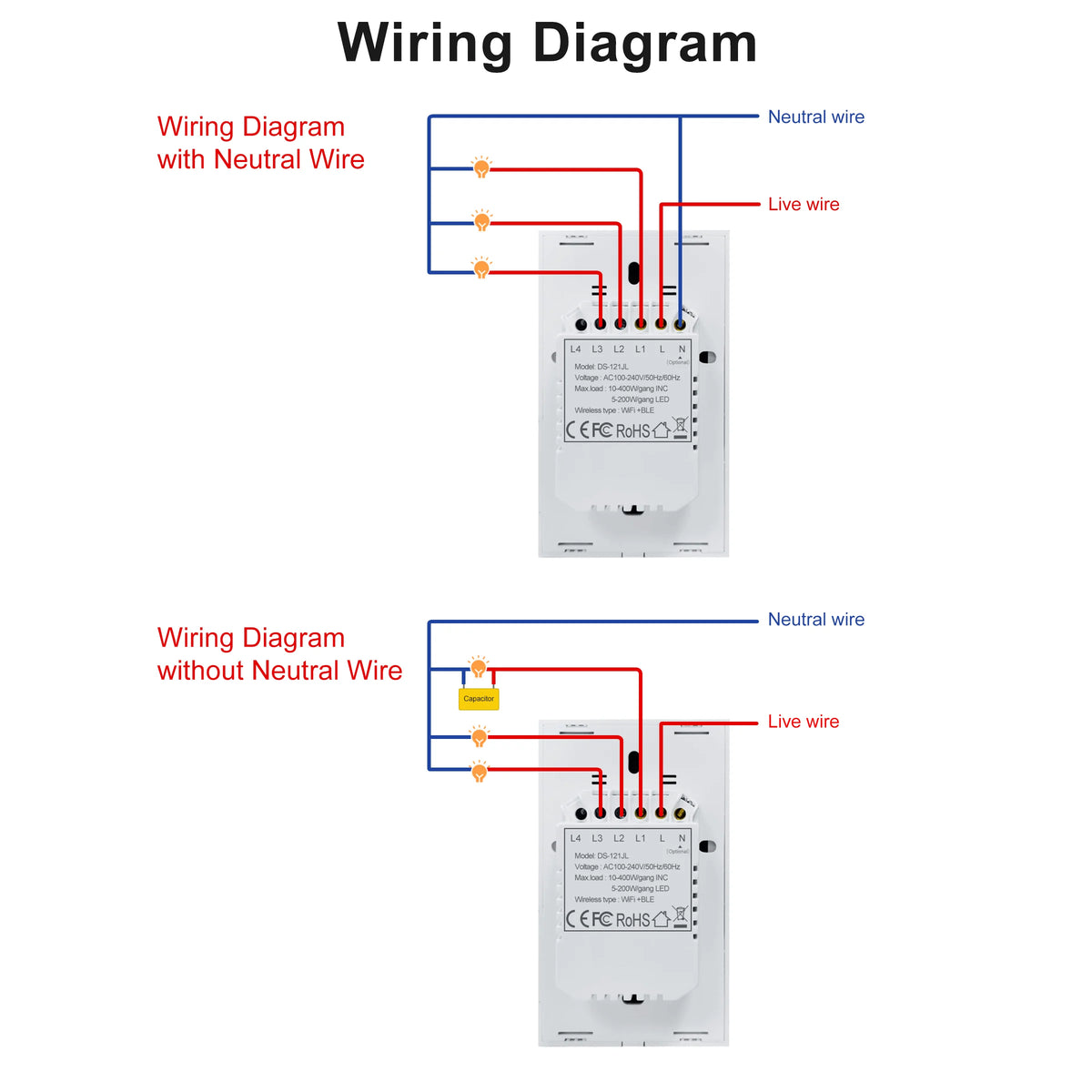 Smart Wifi Touch Light Switch – No Neutral Wire Required for Home Automation