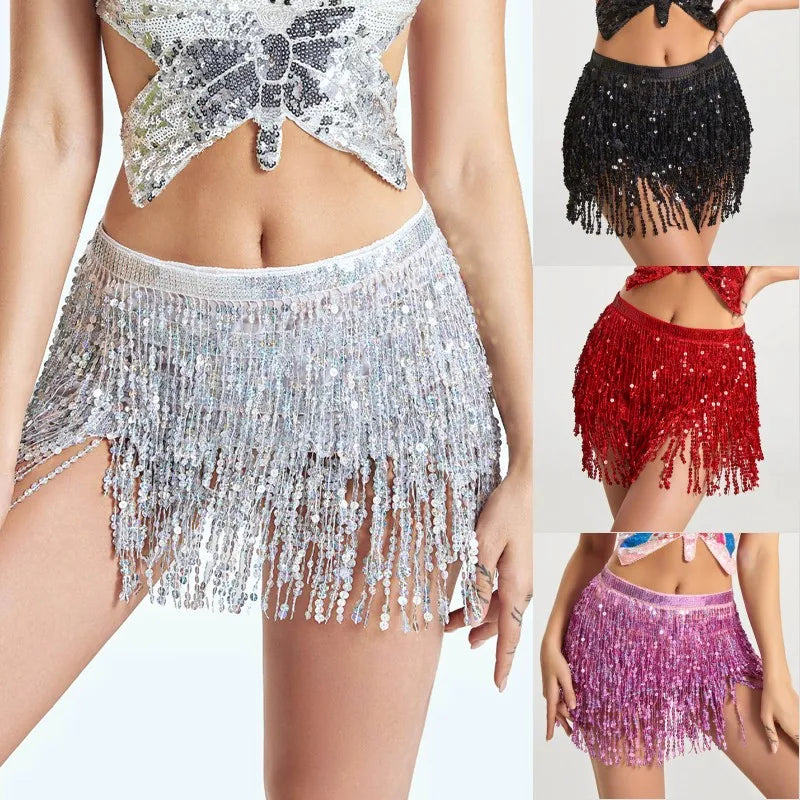Sequin fringe mini skirts in silver, black, red, and purple for parties or dancewear