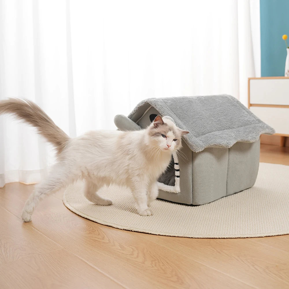Detachable Gray Cat House – Semi-Enclosed Washable Shelter for Winter